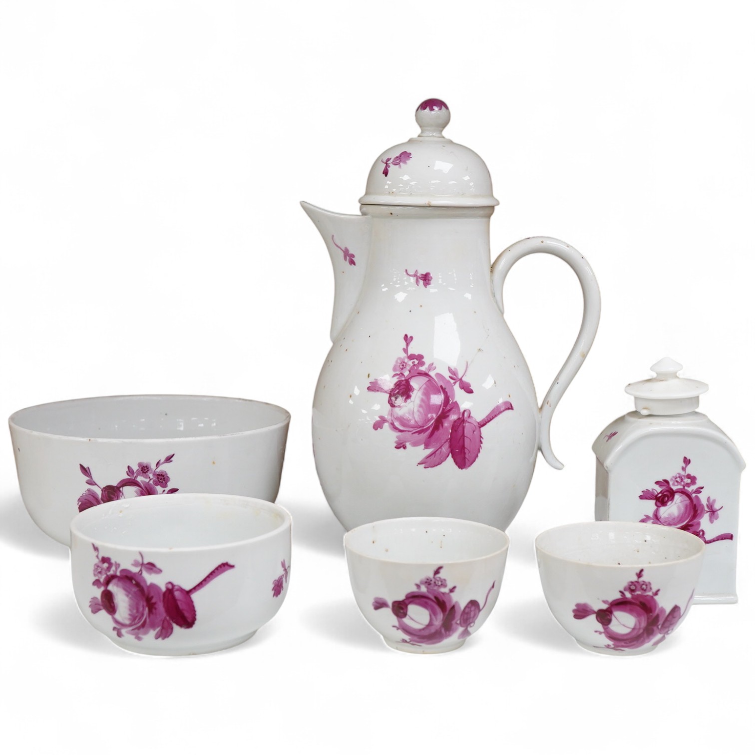 A Meissen style coffee pot, tea canister, slops bowl, tea and sugar, 26cm